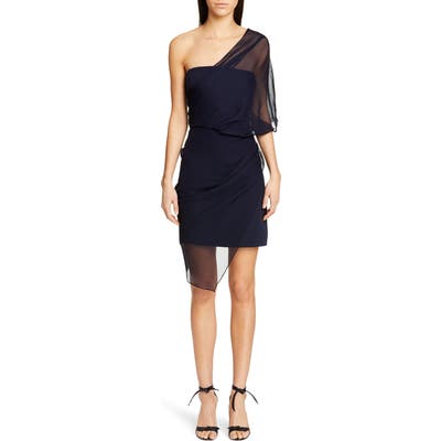 Cushnie Tulle Overlay One-Shoulder Silk Minidress, Blue
