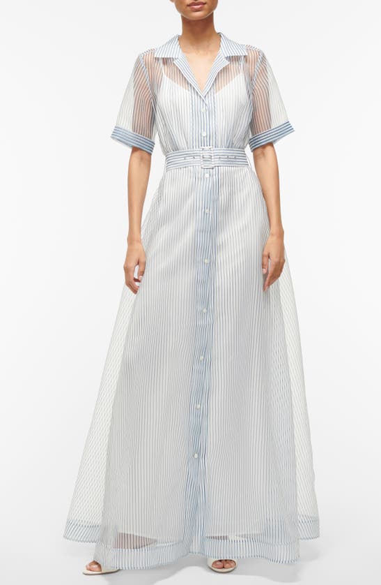 Shop Staud Stripe Short Sleeve Maxi Shirtdress In Ivory Micro Stripe