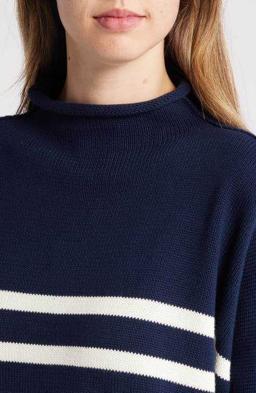 Shop Frank & Eileen Monterey Stripe Cotton Funnel Neck Sweater In Navy With Ivory Stripe