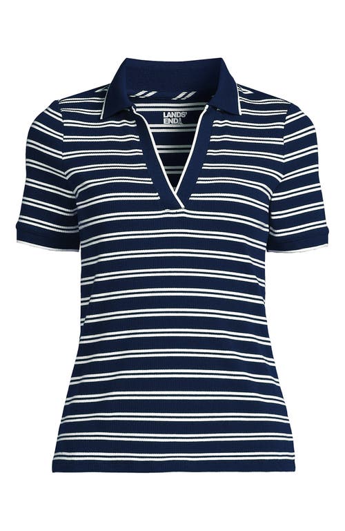 Shop Lands' End Plus Size Short Sleeve Polished Rib Polo In Deep Sea Navy Dual Stripe