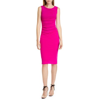 Fuzzi Ruched Mesh Sheath Dress, Pink