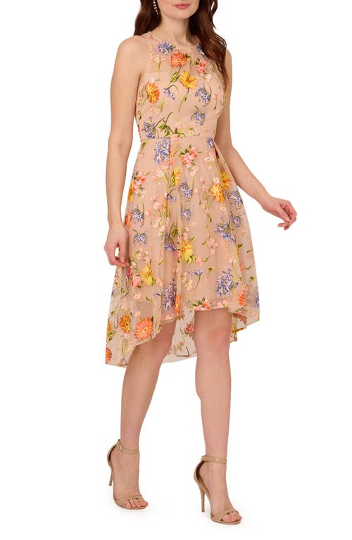 Floral Embroidered High-Low Midi Dress in Yellow/Orange Multi