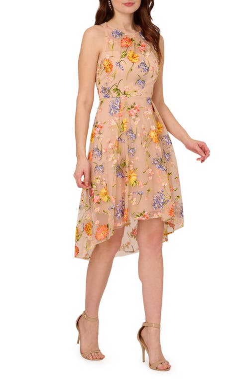 Adrianna Papell Floral Embroidered High-Low Midi Dress Yellow/Orange Multi at Nordstrom,