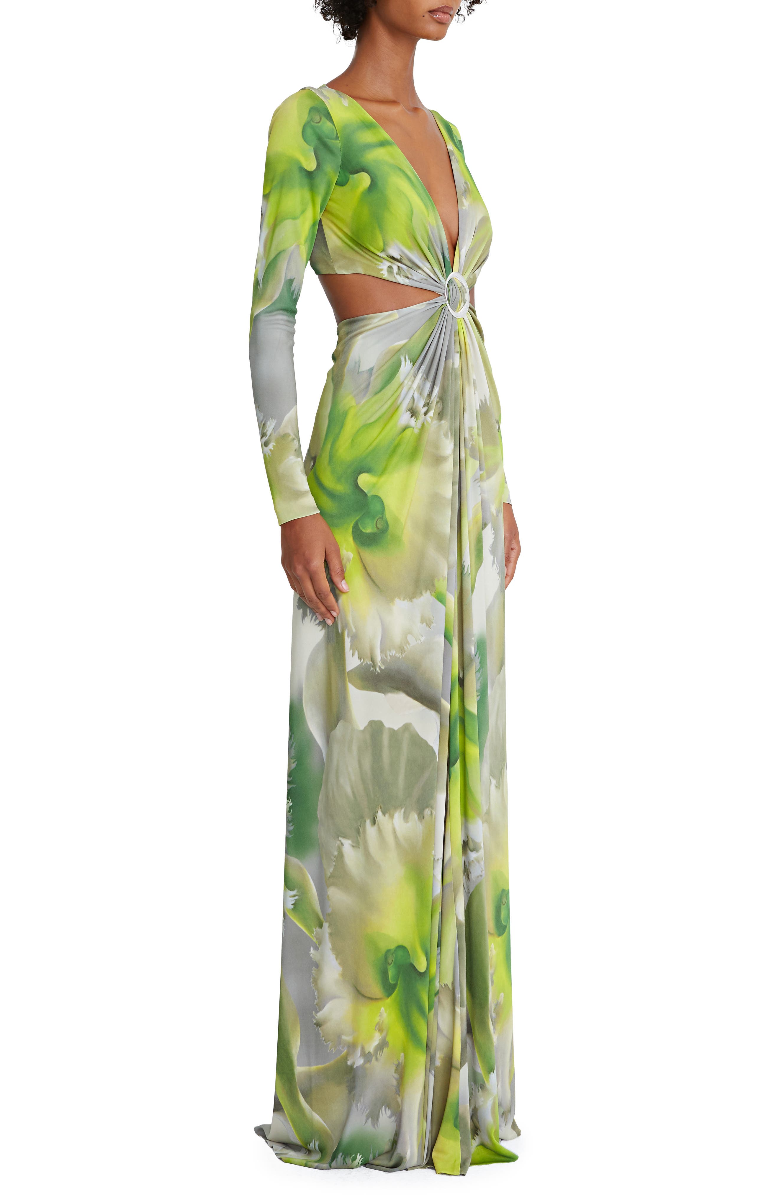 Halston Cutout Gathered Long-Sleeve Gown
