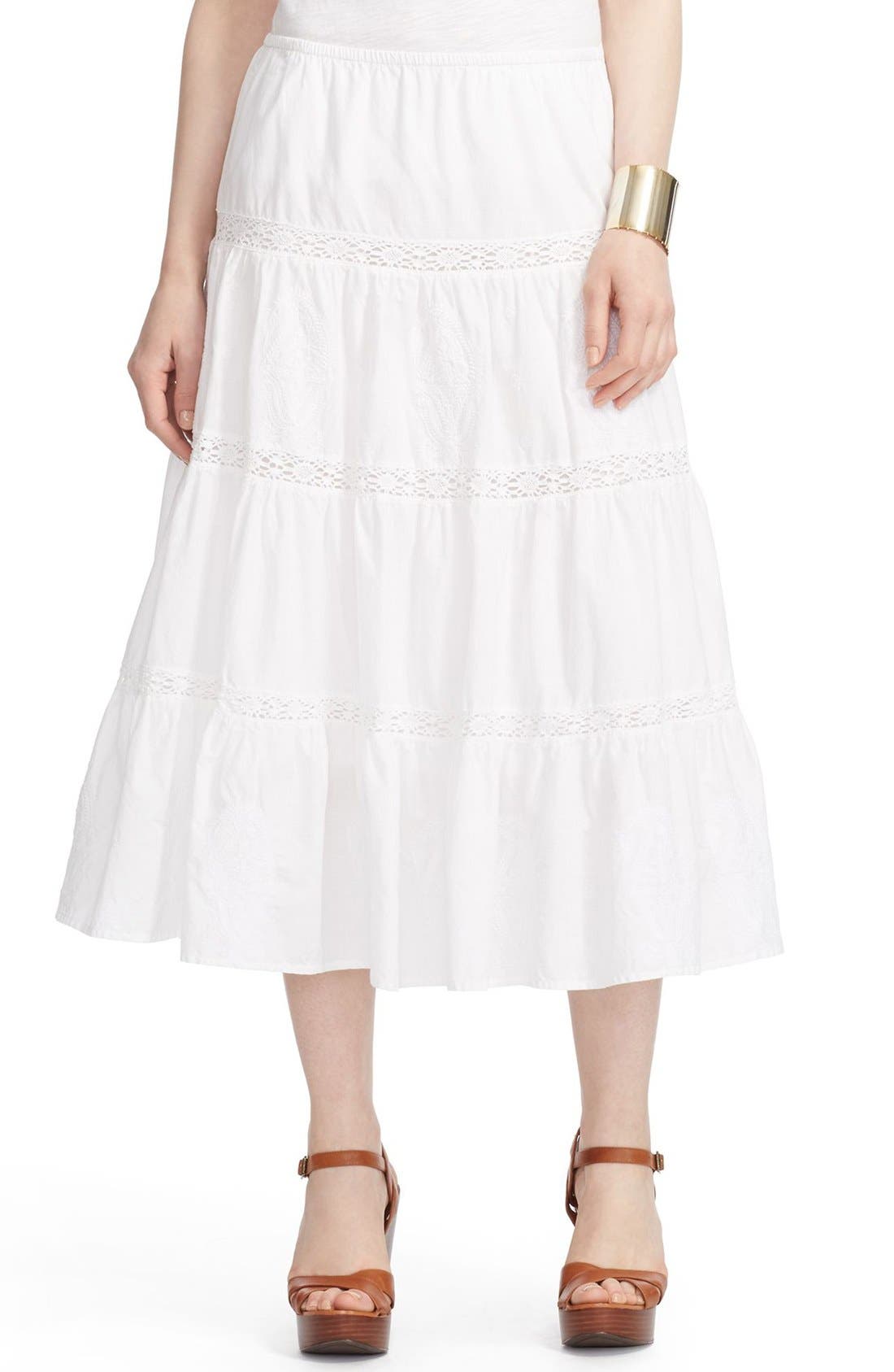 Lauren Ralph Lauren Crochet Inset Tiered Cotton Lawn Skirt Nordstrom