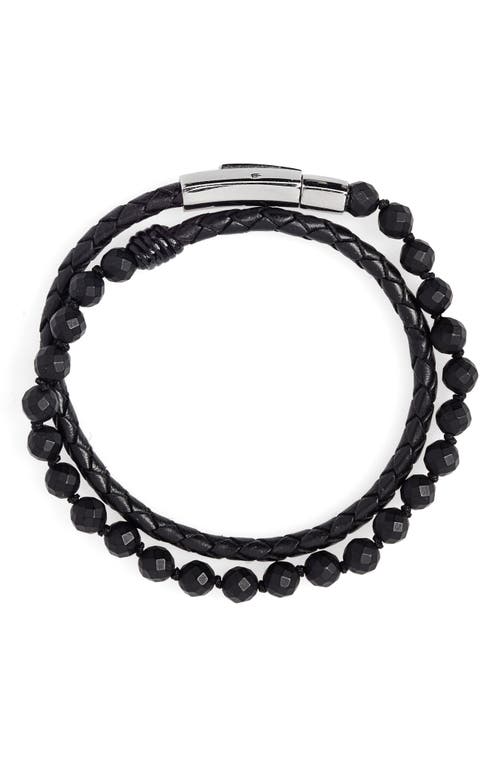 Hand Knotted Onyx & Leather Bracelet in Black