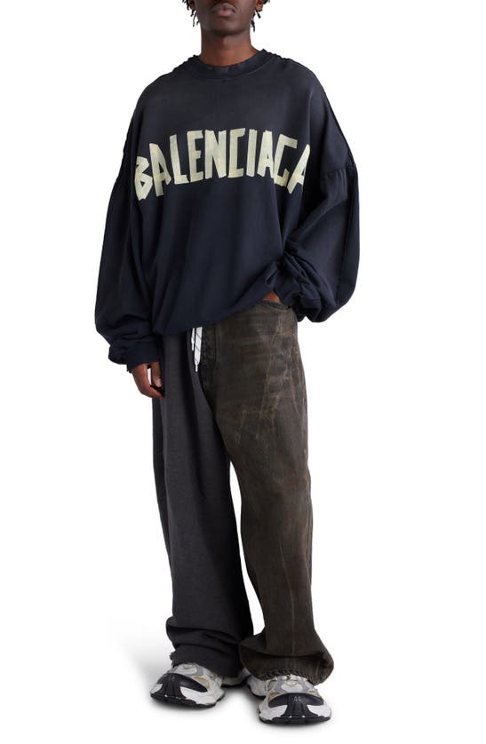 Shop Balenciaga Double Front Oversize Embroidered Graphic Crewneck Sweatshirt In Wash/ Fade Black