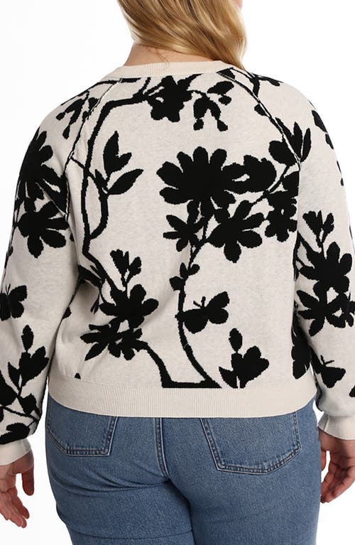 Minnie Rose Plus Size Cotton Blend Long Sleeve Reversible Floral Crew Sweater In Black/starch
