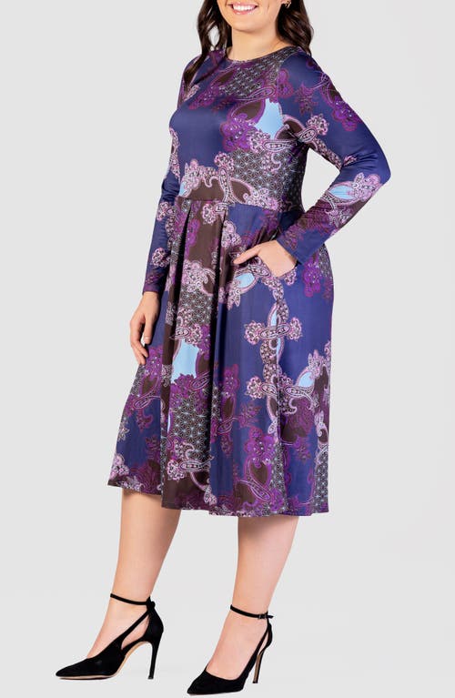 Shop 24seven Comfort Apparel Paisley Fit & Flare Long Sleeve Jersey Midi Dress In Purple Multi