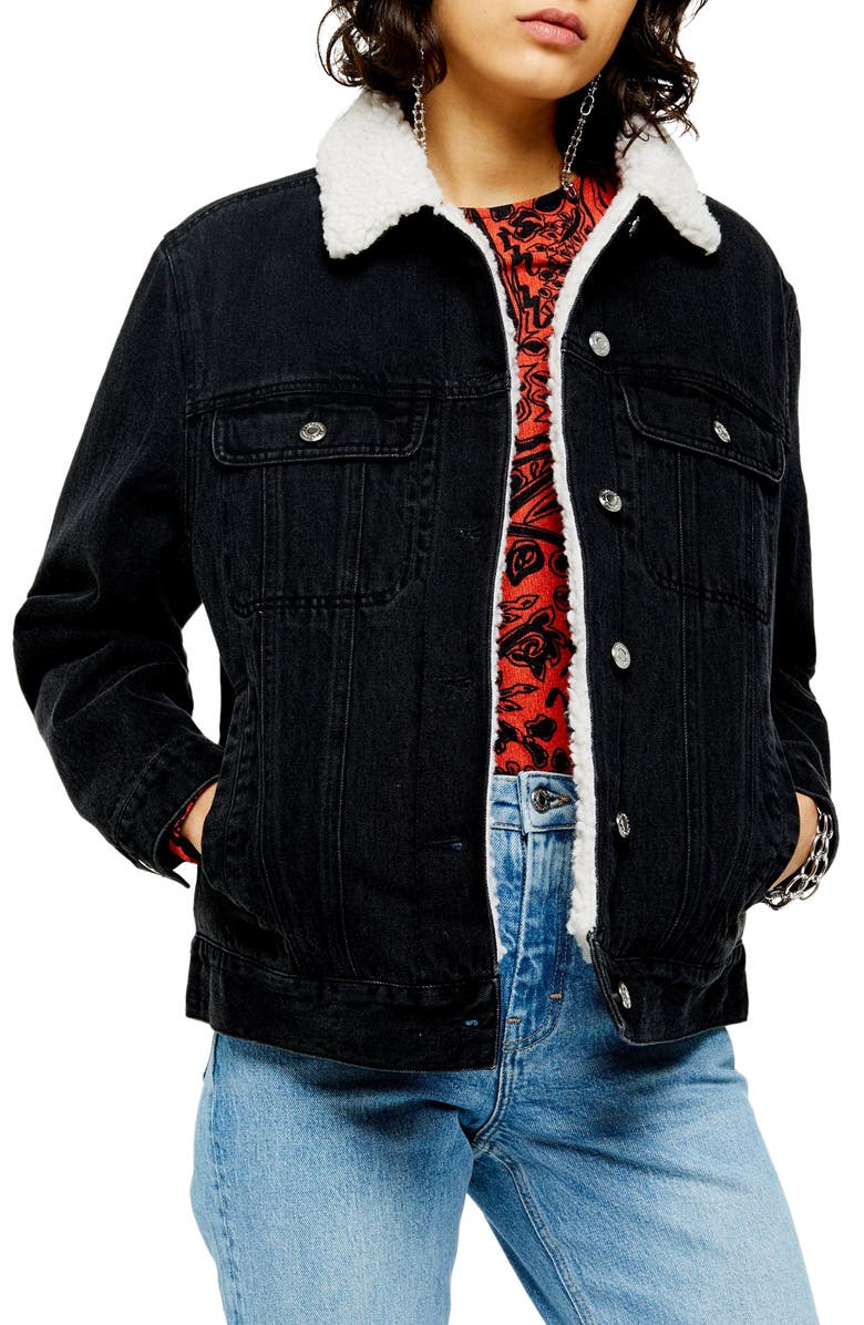 Topshop Oversize Denim Jacket with Faux Shearling Trim | Nordstrom