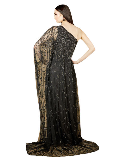Lara New York One Shoulder Cape Sleeve Gown In Black