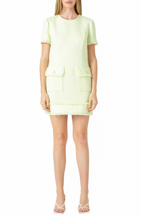 Shop Endless Rose Frayed Trim Tweed Minidress In Lime