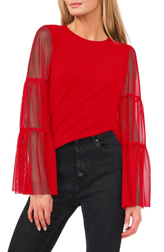 Vince Camuto Mix Media Tiered Sleeve Top In Vermillion