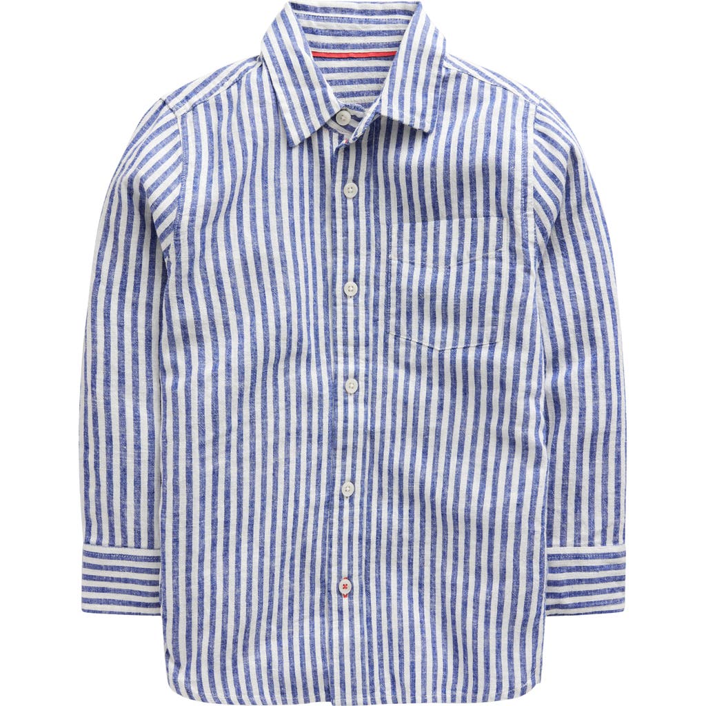 Mini Boden Kids' Stripe Linen & Cotton Button-up Shirt In College Navy/ivory Stripe