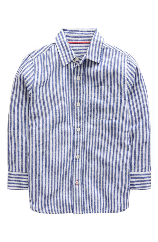 Shop Mini Boden Kids' Stripe Linen & Cotton Button-up Shirt In College Navy / Ivory Stripe