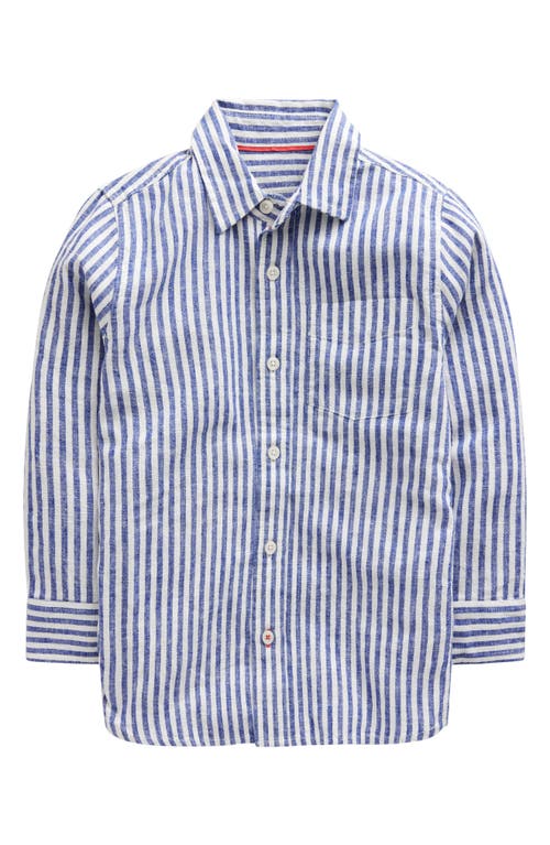 Shop Mini Boden Kids' Stripe Linen & Cotton Button-up Shirt In College Navy/ivory Stripe