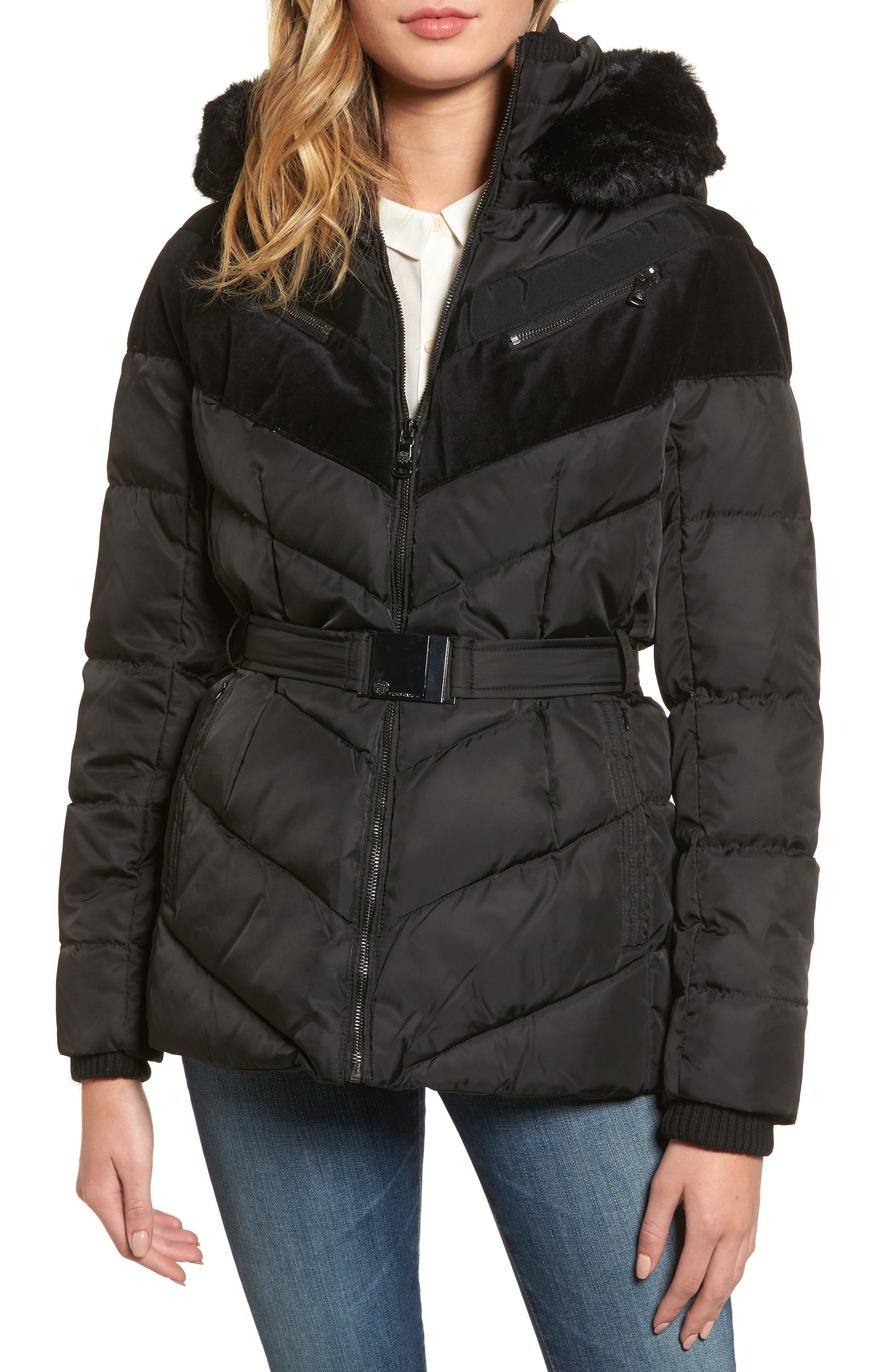 Vince Camuto Belted Down & Feather Fill Coat with Faux Fur Trim Hood ...