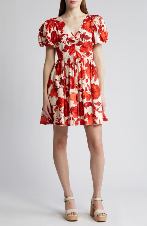 Floral Puff Sleeve Cotton Dress in Beige- Red Selena Blooms
