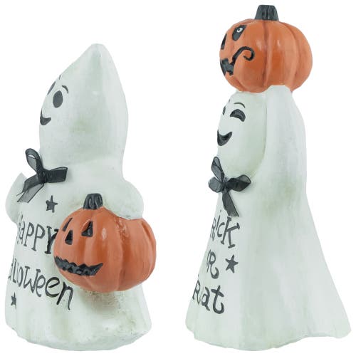Northlight Ghost And Pumpkin "happy Halloween" And "trick Or Treat" Figurines In White