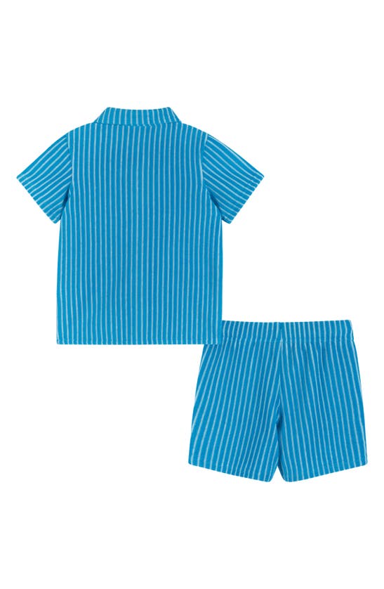 Shop Andy & Evan French Terry Button-up Shirt & Shorts Set In Aqua Stripe