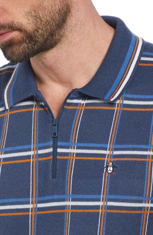 Shop Original Penguin Shadow Check Zip Polo Sweater In Sargasso Sea