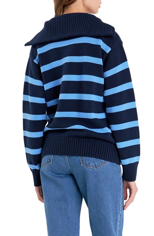 English Factory Stripe Cotton Zip Pullover In Navy/blue