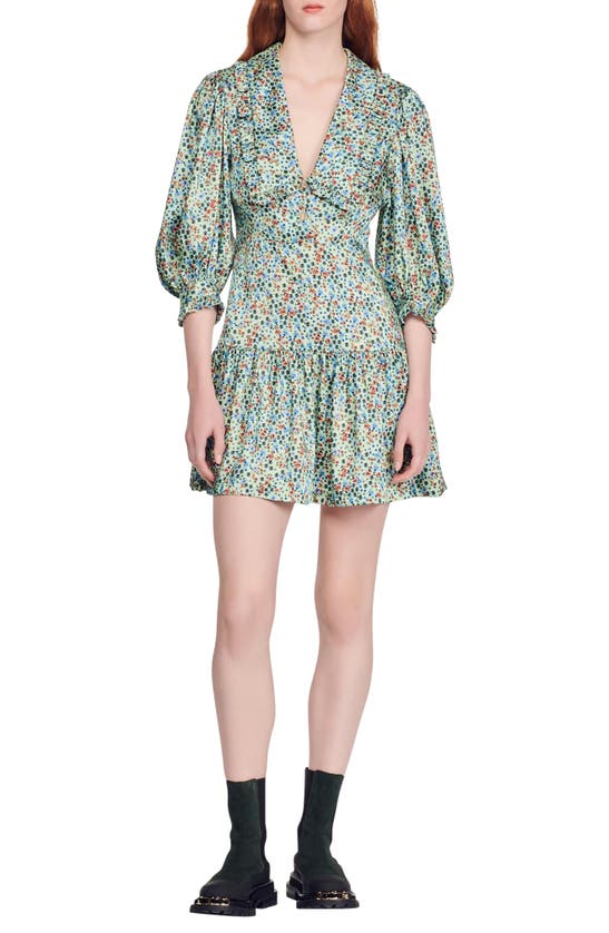 Sandro Eilat Collared Floral Print Silk Dress In Green Red