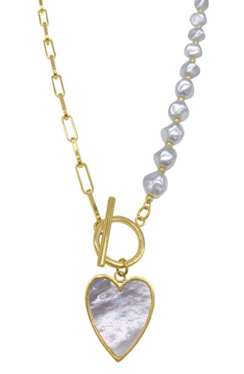 14K Yellow Gold Plated 10mm Pearl Heart Pendant Necklace