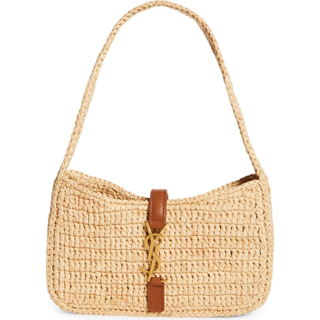 Saint Laurent Le 5 A 7 Mini Ysl Shoulder Bag In Raffia In Natural/brick