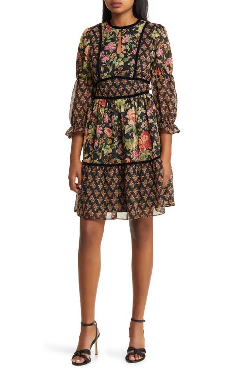 Tahari ASL Floral Long Sleeve Chiffon Dress Black Multi at Nordstrom,