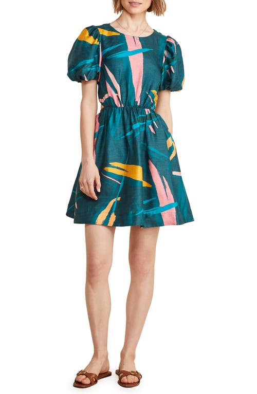 Print Puff Sleeve Cutout Linen Blend Dress in Tropical Absrt-Blue