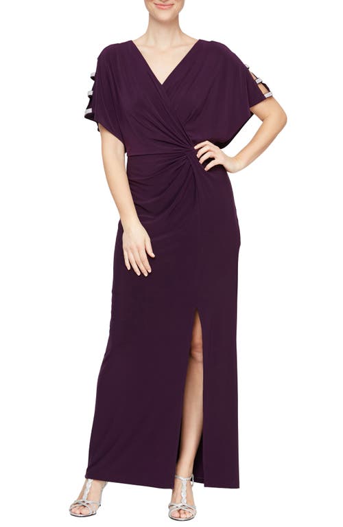 Alex Evenings Embellished Sleeve Knot Front Gown in Eggplant