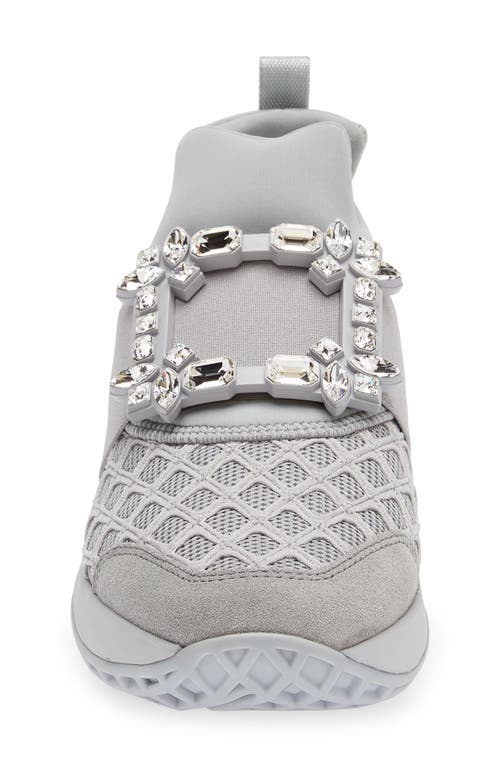 Shop Roger Vivier Viv Run Crystal Embellished Buckle Sneaker In Cemento M/platino/grigio