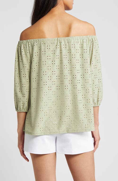 Shop Loveappella Eyelet Off The Shoulder Top In Sage