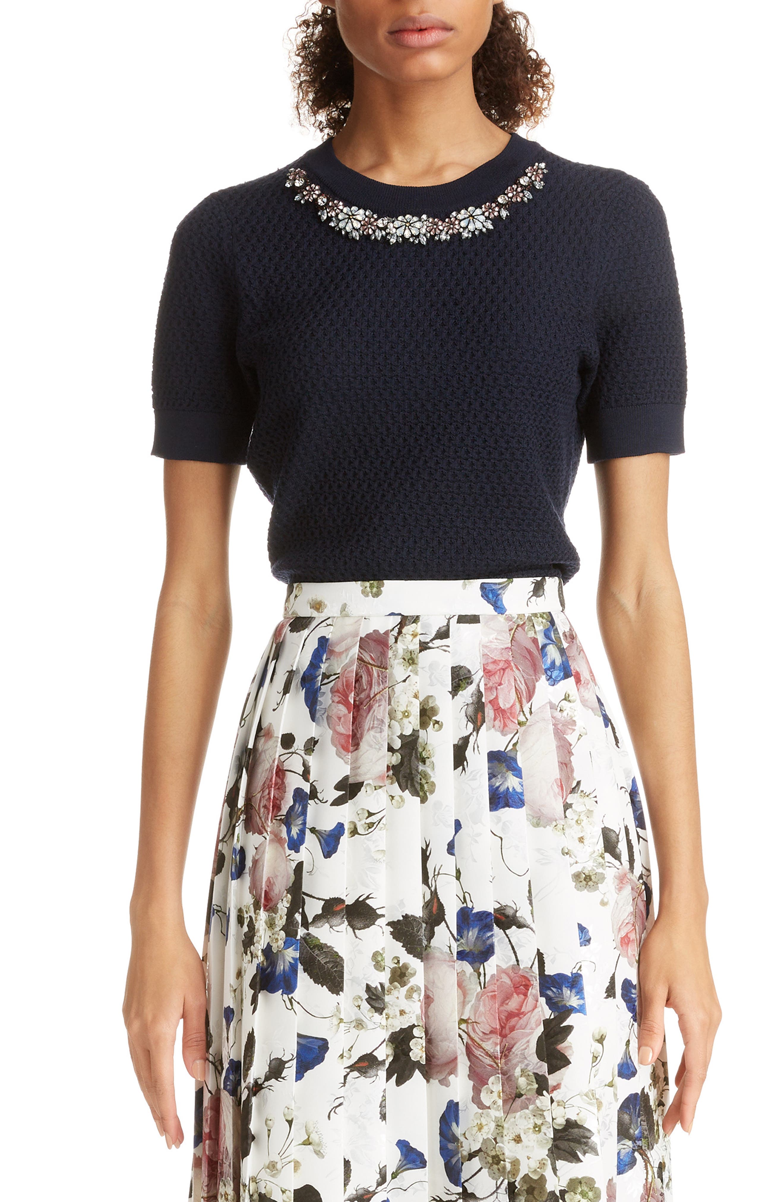 Erdem Beaded Neck Merino Wool Sweater, Blue