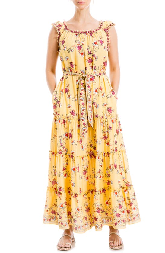 Shop Max Studio London Floral Cap Sleeve Tiered Maxi Dress In Yellow Floaty Flora