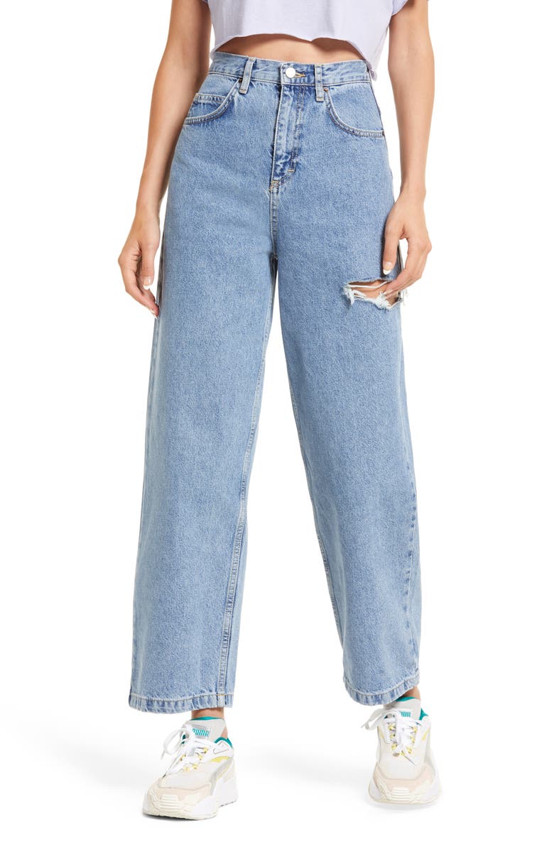 TOPSHOP Ripped Drop Baggy Wide Leg Jeans, Main, color, MID DENIM