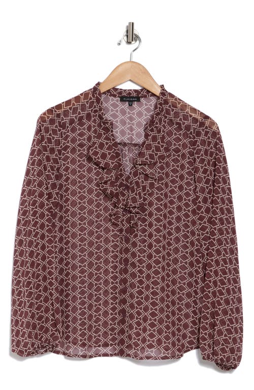 Pleione Ruffle Long Sleeve Button Front Blouse In Burgundy/ecru Chain
