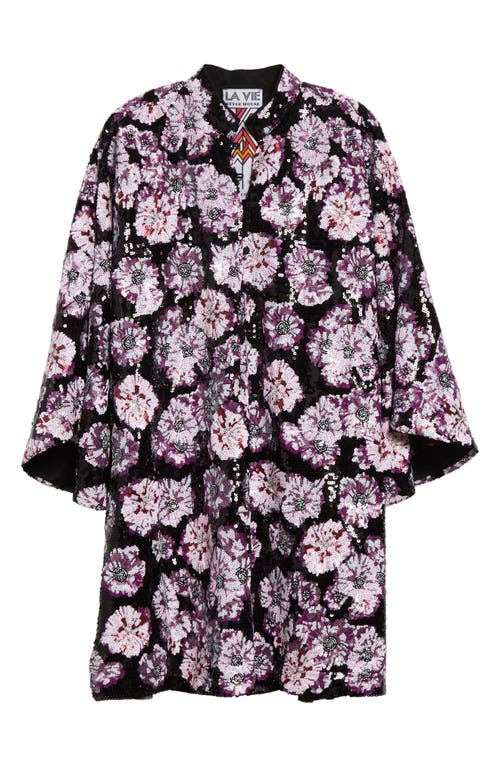 La Vie Style House Floral Burst Sequin Cover-up Minidress In Black/purple
