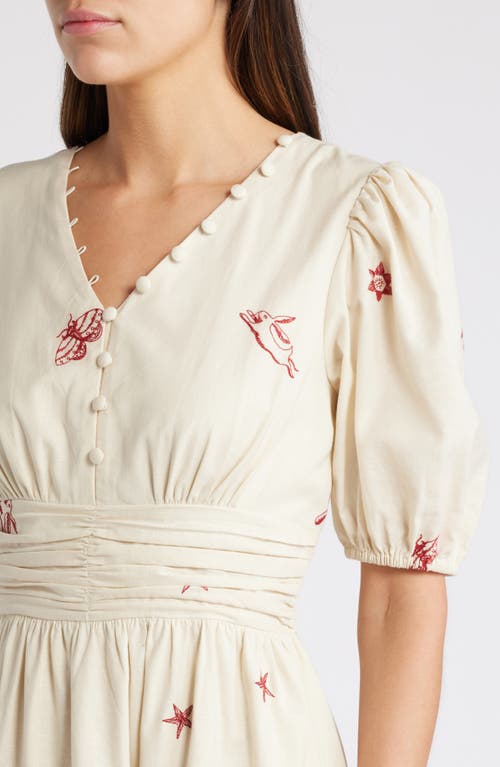 Shop Ciebon Lexi Embroidered Puff Sleeve Cotton Dress In Ivory/red