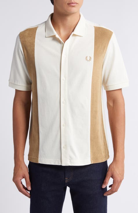 Panel Colorblock Terry Cloth Short Sleeve Button-Up Shirt