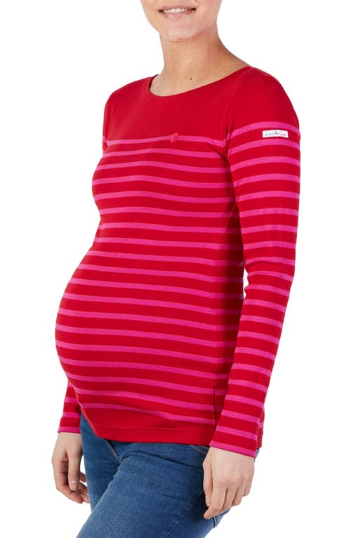 Cache Coeur X Armor Lux C'est La Vie Stripe Organic Cotton Maternity Top In Red/fuschia