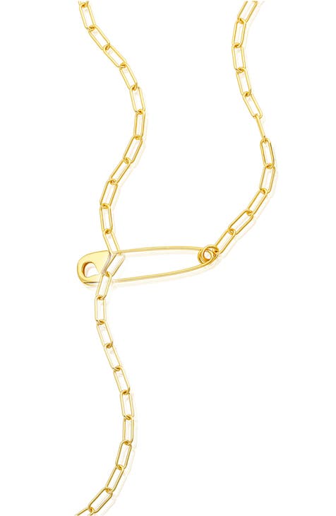 14K Gold Plated Safety Pin Lariat Necklace