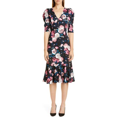 Erdem Floral Print Ruffle Hem Jersey Dress, 18 UK - Black