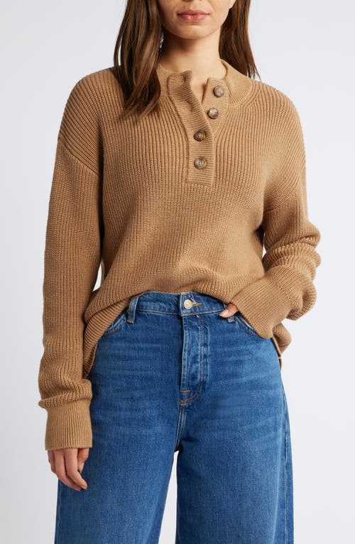 Caslonr Caslon(r) Half Button Pima Cotton Blend Sweater In Tan Camel Dark Heather