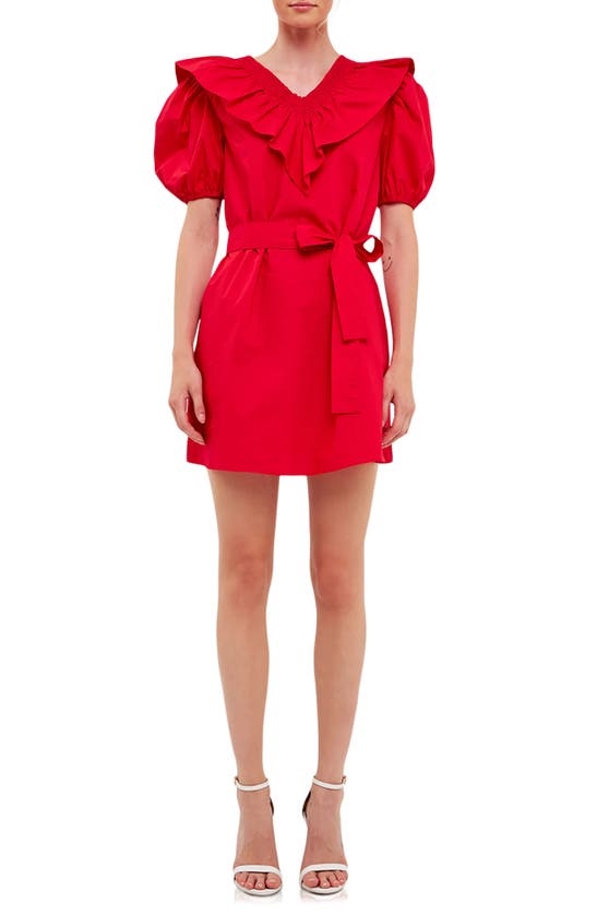 English Factory Smocked Ruffle Puff Sleeve Cotton Minidress In Red