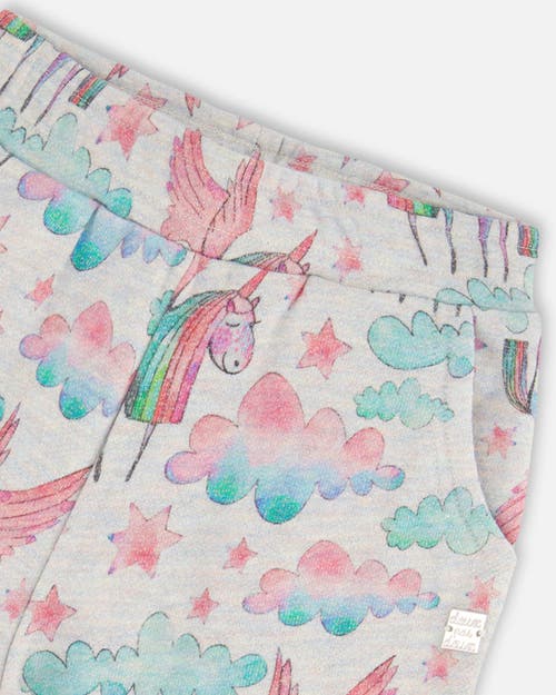 Deux Par Deux Girl's Shiny French Terry Sweatpants Gray Mix Printed Unicorn In Printed Angel Unicorns