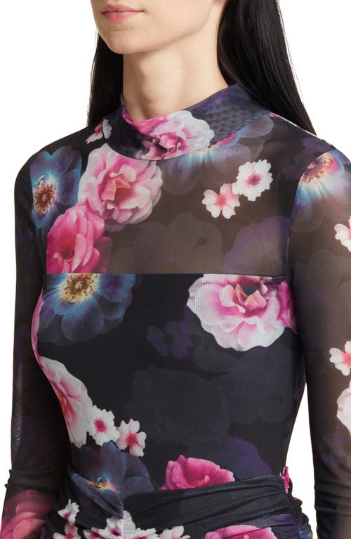 Shop Bebe Floral Ruched Mesh Long Sleeve Midi Dress In Blue/green
