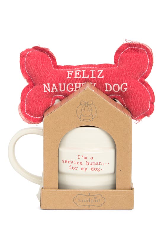 Mud Pie Feliz Naughty Dog Mug & Dog Toy Set In Red