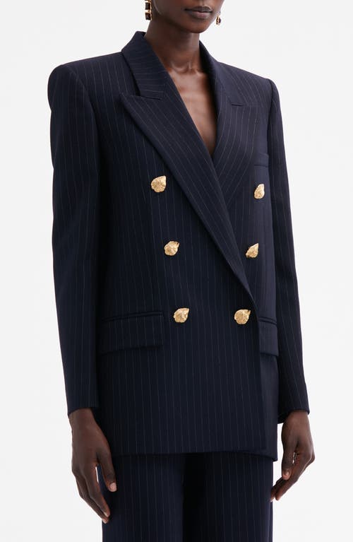 Shop Oscar De La Renta Pinstripe Double Breasted Stretch Wool Blazer In Navy/white